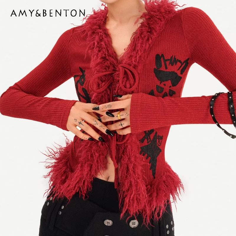 

Новогодняя атмосфера, красный женский кардиган с меховым воротником, осень-зима, милый крутой женский вязаный свитер с v-образным вырезом и v-образным вырезом