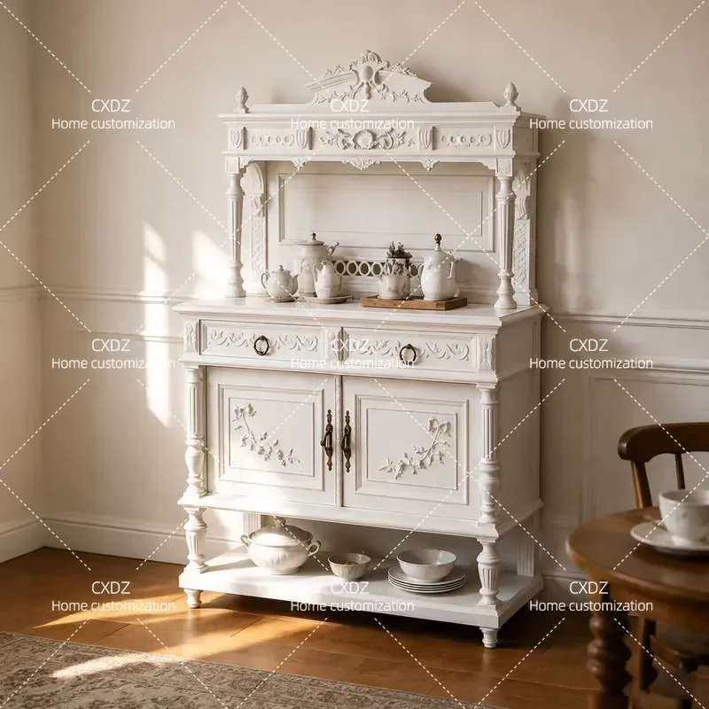 Solid Wood Sideboard Cabinet White Storage Cupboard for Dining Room Living Room Wall Locker Coffee Cabinet Simple Retro