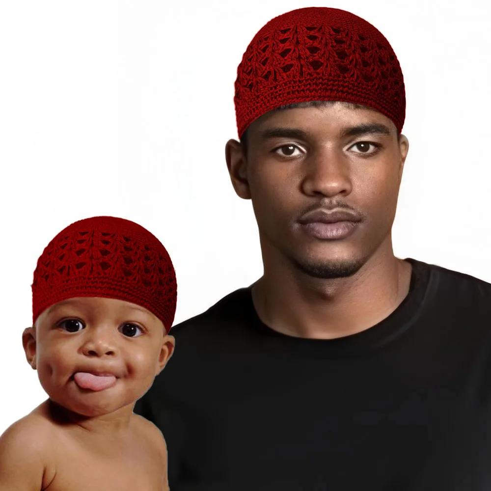 Muslim Knitted Kufi Hat for Adult and Kids 2PCS Knit Skullies Beanies Skull Cap Crochet Handmade Islamic Ramadan Prayer Cap