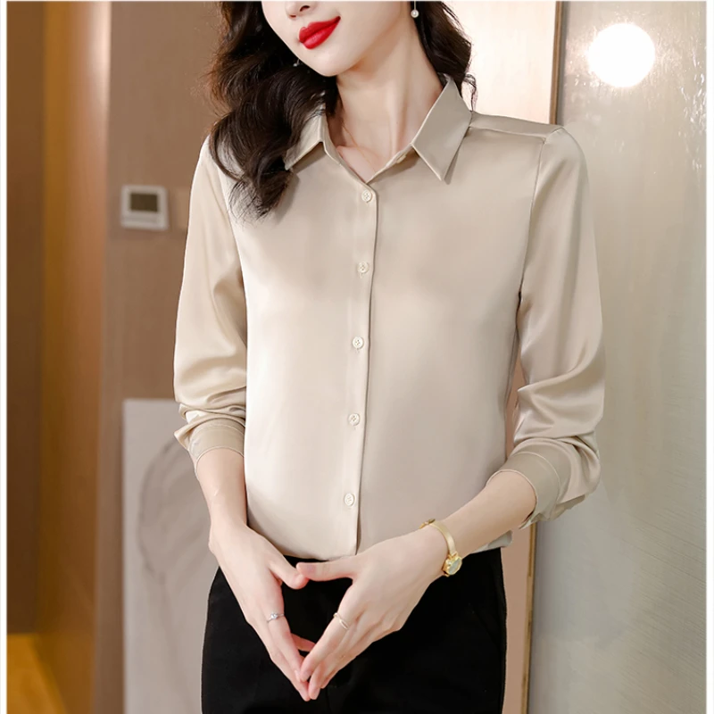 Spring New Shirts for Women Satin Long Sleeve Blouse Office Lady Fashion Shirts Silk Women Shirt OL Elegant Blouses Ladies Tops