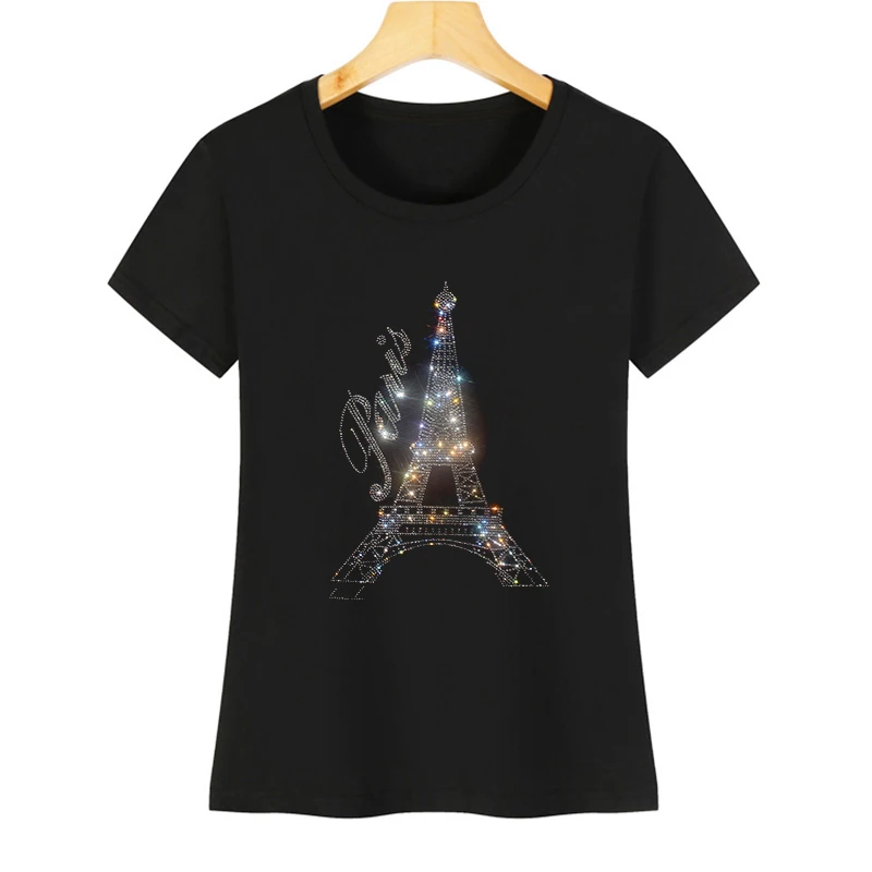 IZEVUS Fashion T-shirt Shiny Paris Tower summer short-sleeved T-shirt card crystal print cotton shirt women