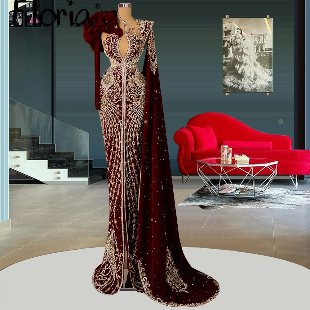 Floria Gorgeous Burgundy Velour Formal Evening Dress Plus Size Long Sleeve Heavy Handmade Beaded Embroidery Prom Party Gowns