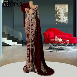 Floria Gorgeous Burgundy Velour Formal Evening Dress Plus Size Long Sleeve Heavy Handmade Beaded Embroidery Prom Party Gowns