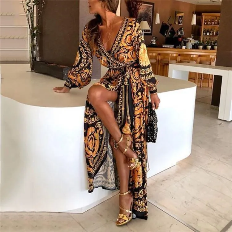 Frauen Elegante Retro Druck Langarm Sommer Casual Mode Urlaub Stil Böhmischen V-ausschnitt Big Sway Split Strand Robe Langen Rock