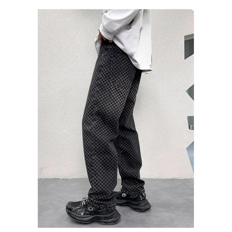 Y2K American Retro Washed and Worn Black Jeans Men's Chessboard Plaid Printed Loose Straight Wide Leg Casual Denim Trousers