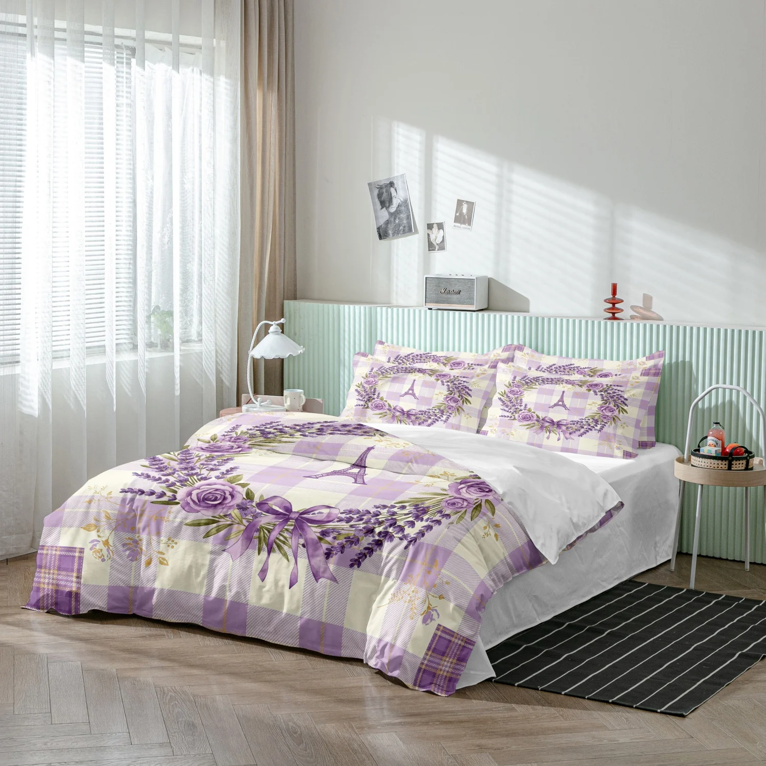 3Pcs Duvet Cover Set, Purple Cream Plaid Paris Eiffel Tower Lavender Rose Floral Wreath Bow Romantic Print Bedding