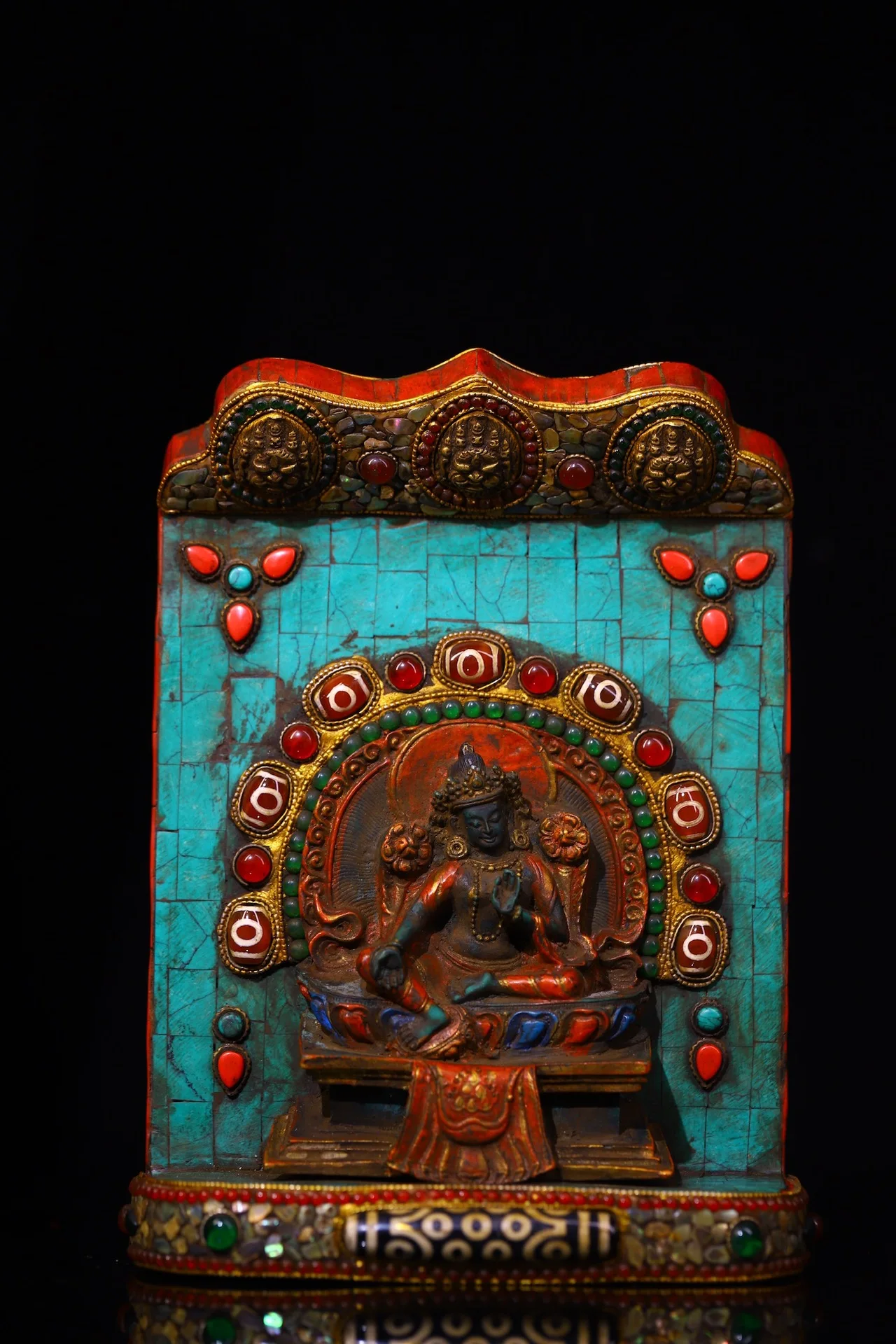 

9"Tibetan Temple Collection Old Bronze Painted Mosaic Gem gZi Beads Turquoise Green Tara Buddha Buddhist Niche Worship Hall