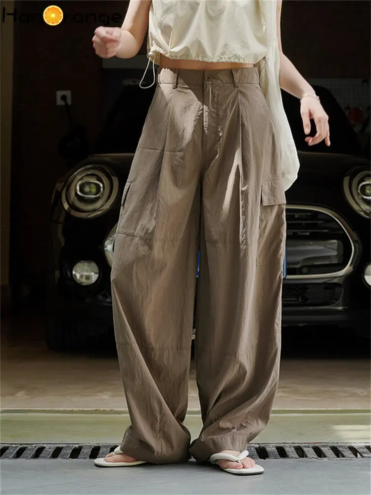HanOrange 2026 Summer Street Fashion Cool Wide Leg Cargo Pants High Waist Casual Sunscreen Thin Trousers Female Brown/Sky Cyan