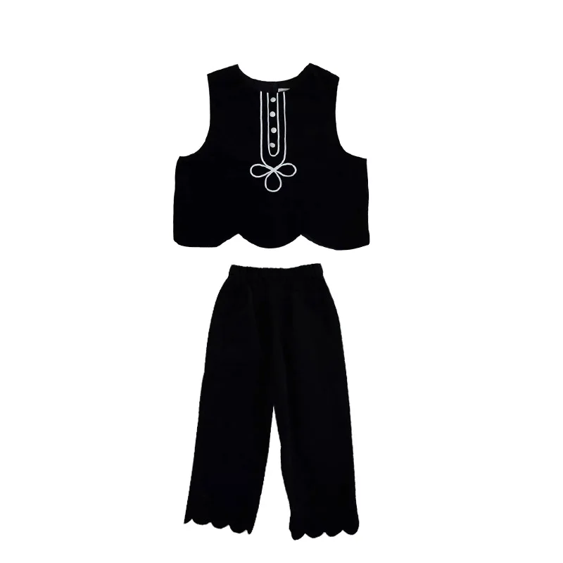 

Spring and Autumn Girls' Foreign Vest Vest Set Temperament Bubble Sleeve Shirt Lace Pants Three-piece Set Children