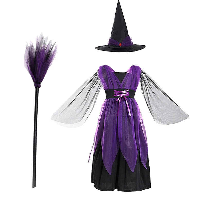 Kids Witch Halloween Costume Witch Cosplay Dress and Magic Hat Set Carnival Party Clothes for Girls Gothic Vampire Costume image 4