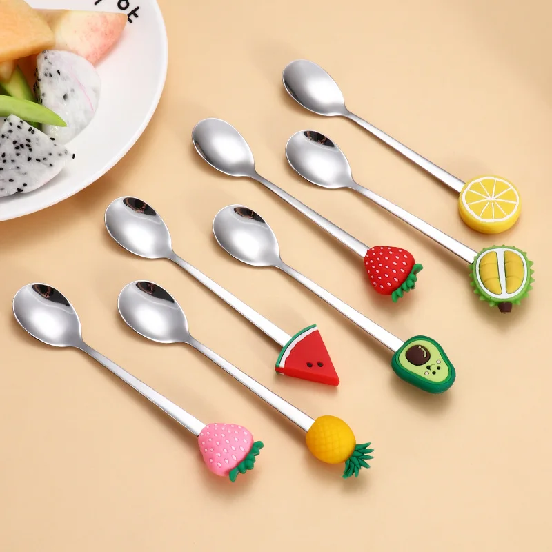 7Pcs Stainless Steel Fruit Shaped Coffee Spoons Fruit Dessert Spoon Fork Candy Tea Spoon Drink Tableware Kitchen Supplies