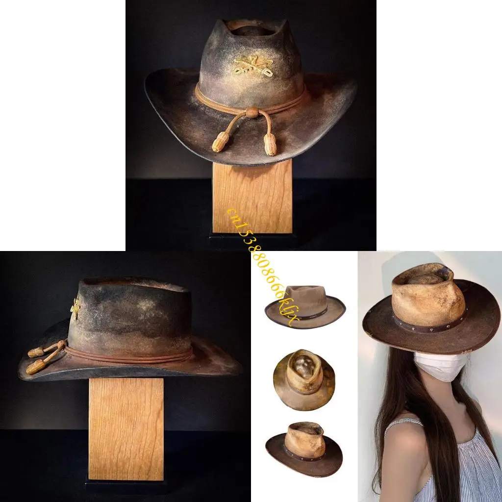 

Distressed Wool Fedoras Hat Cosplay Headwear for Photography and Casual Event 066C