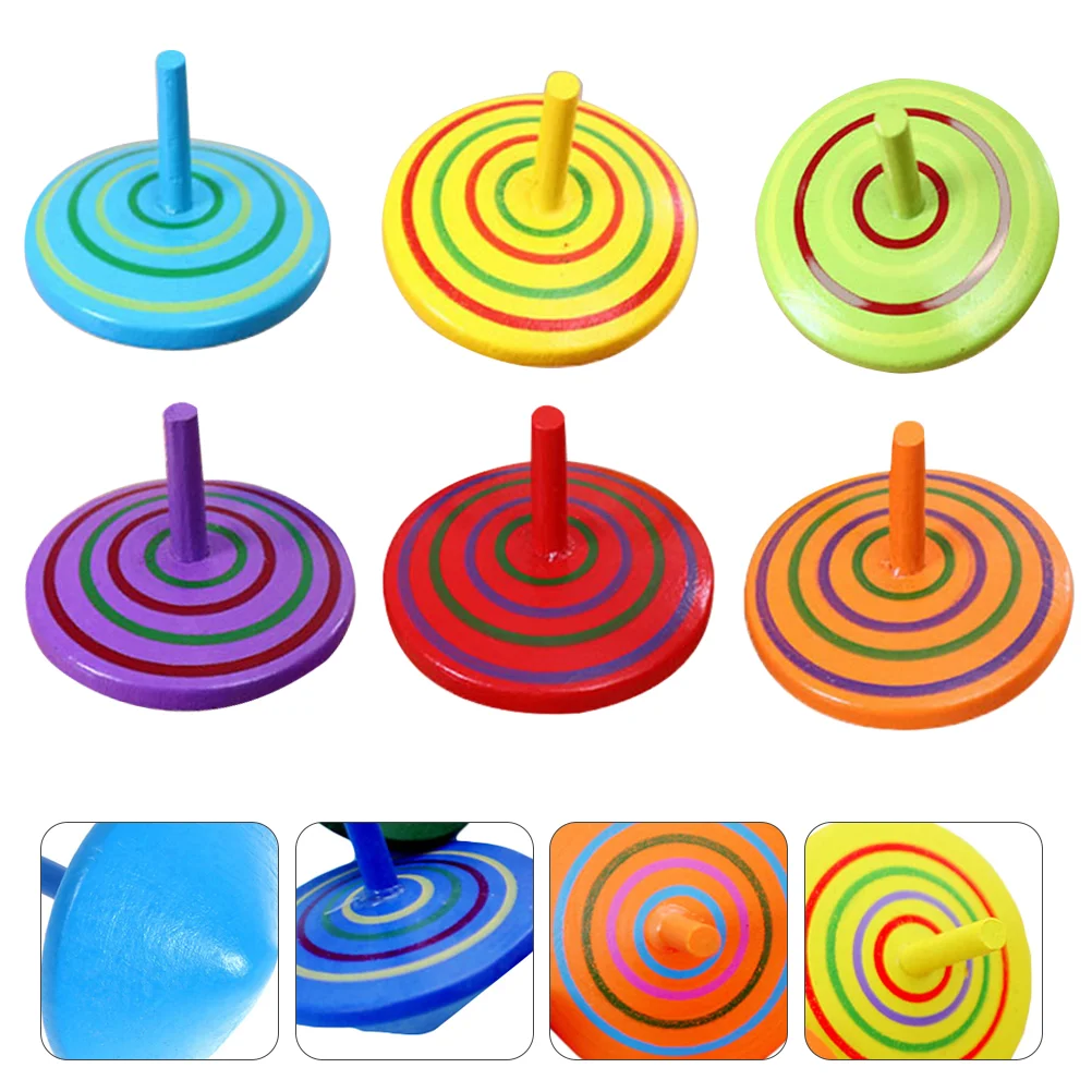 6 Pcs Wooden Spinning Top Tops Painted Peg-Tops Toys Sports Kids Rotative Colorful Child