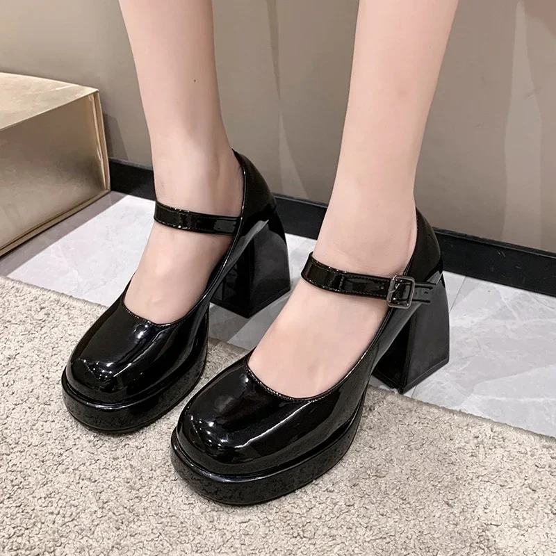 New Springand Autumn Fashion  High  Buckle Casual Square Head Shallow Mouth  Heel Thick Sole Women's Shoes