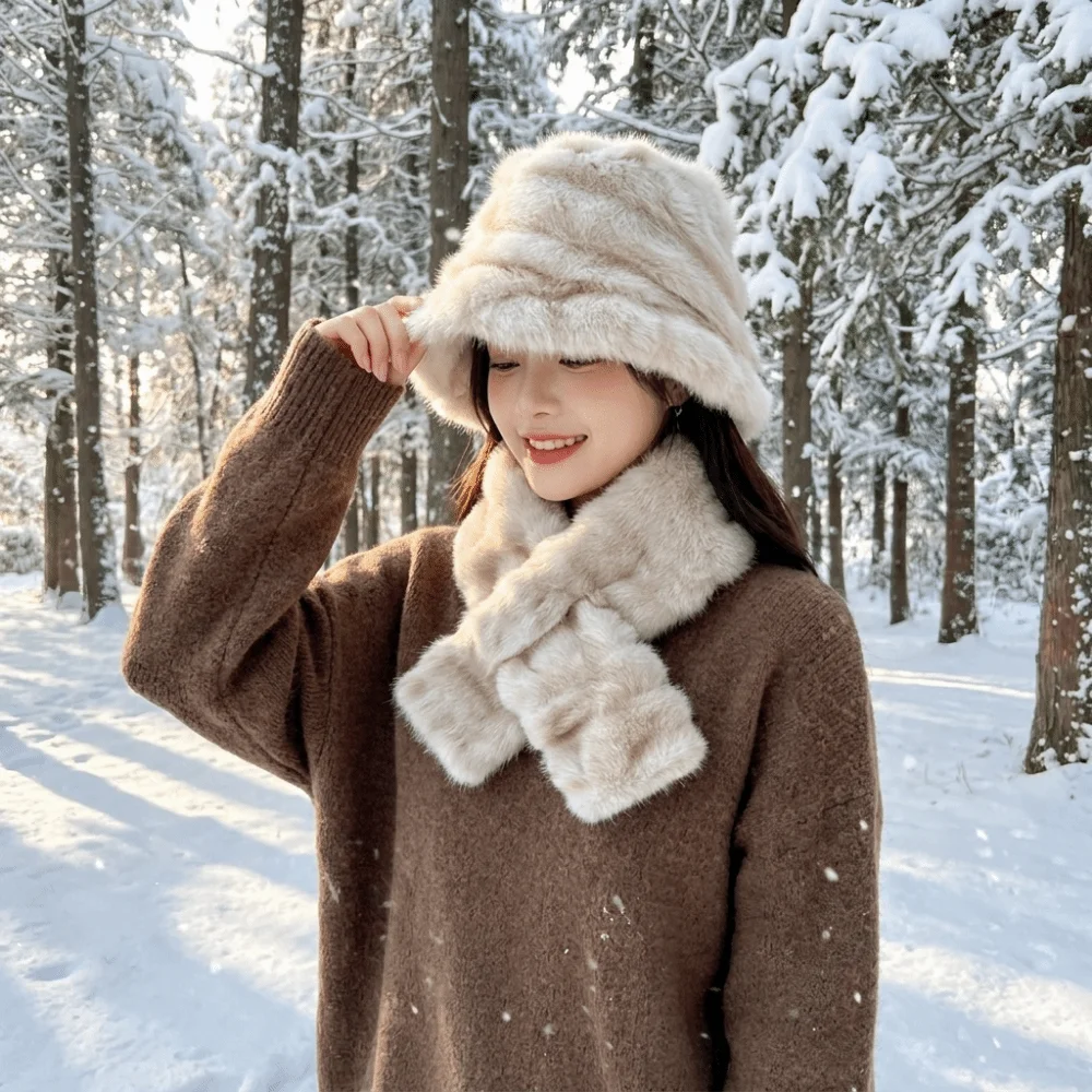 Fashion Thick Winter Hat Scarf Set Warm Windproof Faux Fur Hat Scarf Set Faux Fur Ear Protection Fur Snood Scarf Women