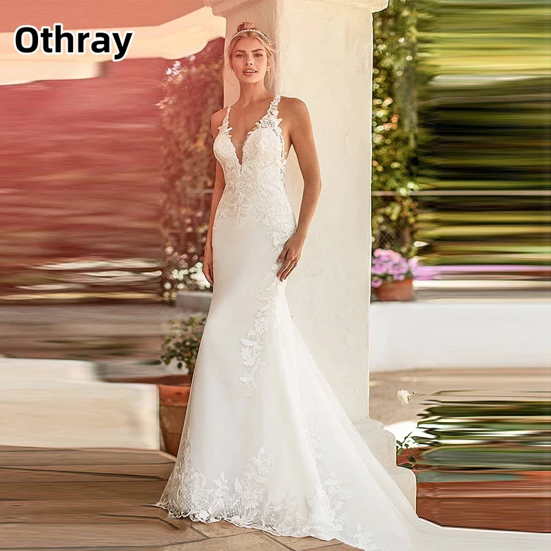 Othray Luxus-Brautkleid mit V-Ausschnitt, ärmellos, Boho-Meerjungfrau, ärmellos, für Damen, Spitzenapplikationen, offener Rücken, bodenlanges Brautkleid