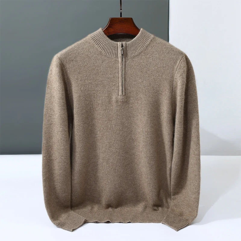 

Autumn and Winter New 100%Goat Cashmere Sweater Men's Zipper Half-High Neck Joker Padded Knit Coat Plus Size Youth Pullover Tops