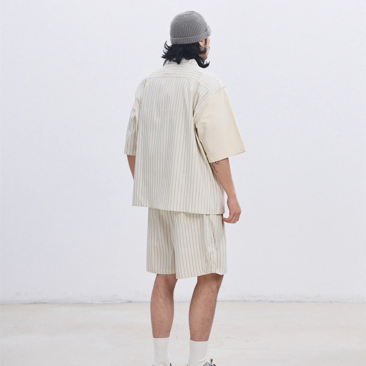 Summer Striped Shirt Men Japanese Korean Streetwear Fashion Loose Casual Short Sleeve Vintage Splice Shirts Shorts
