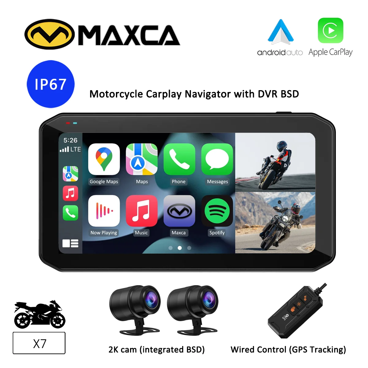 

MAXCA X7 Moto Беспроводной Android Auto CarPlay Экран с камерой 2K DVR Регистратор Обнаружение слепых зон GPS Отслеживание Пульт дистанционного управления