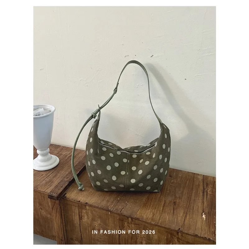 2026 New Vintage Polka Dot Hobo Handbag Women Soft Faux Suede Shoulder Bag Adjustable Strap Large Capacity Daily Crossbody Purse