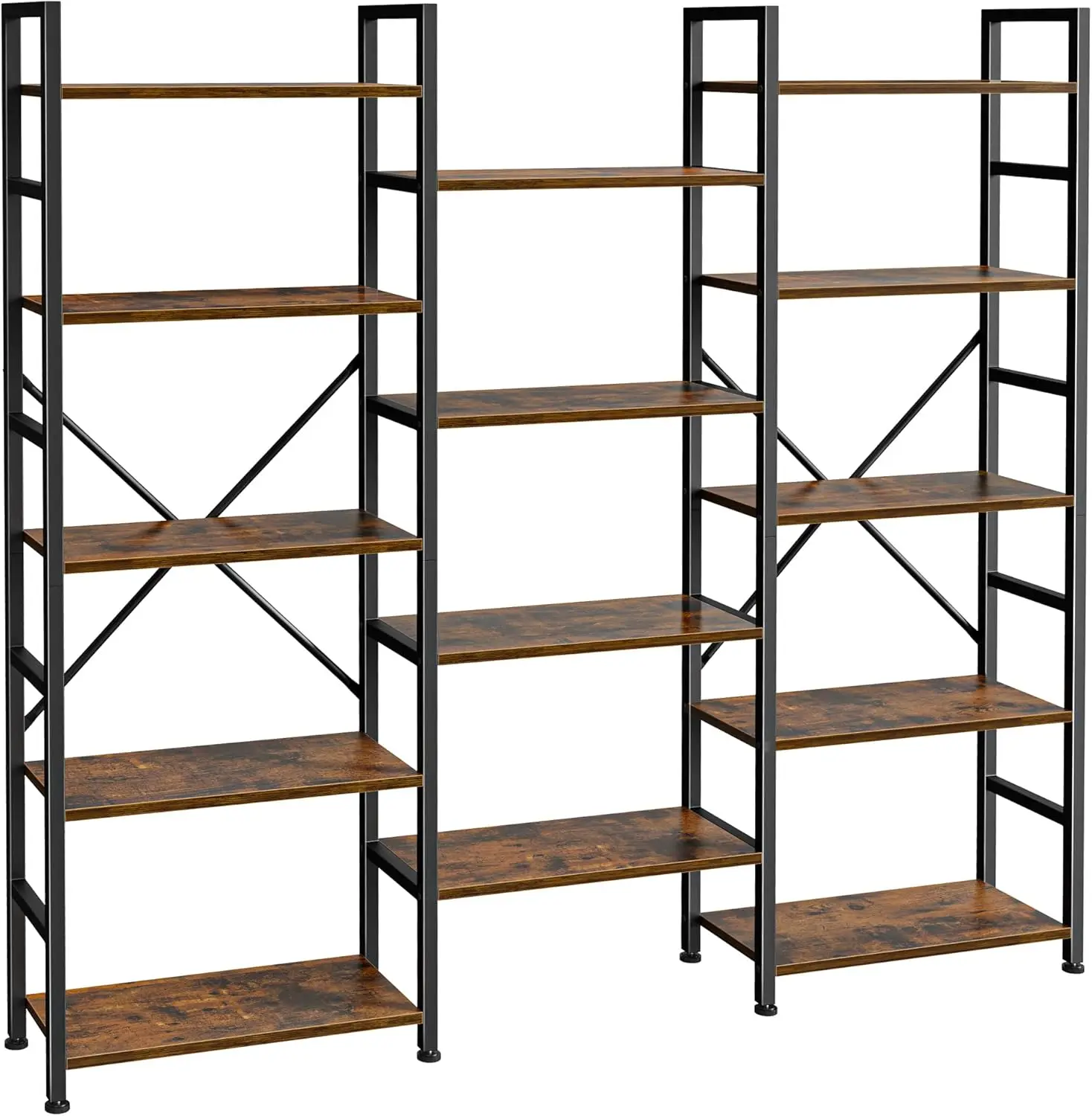 Triple 5 Tier Bookshelf, Bookcase with 14 Open Display Shelves, Wide Book Shelf Book Case for Home & Office, Rustic Brown