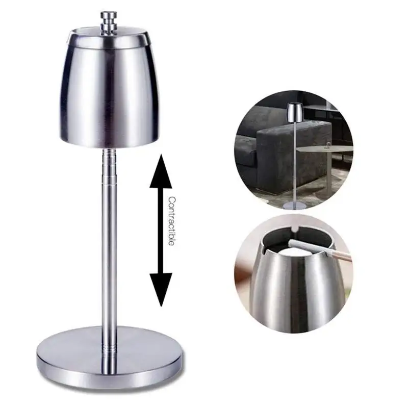 600ml Floor Standing Ashtray w/ Lid Stainless Steel Telescopic Smoking Ashtray Vertical Rotating Cigarette Detachable Ashtrays