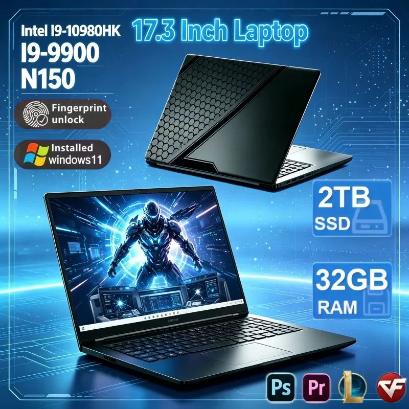 Trendy 17.3 Inch Win11 Intel Core I9‑10980HK I9‑9900 N150 32GB RAM 2TB SSD Fingerprint Unlock For Business Work Gaming Laptop