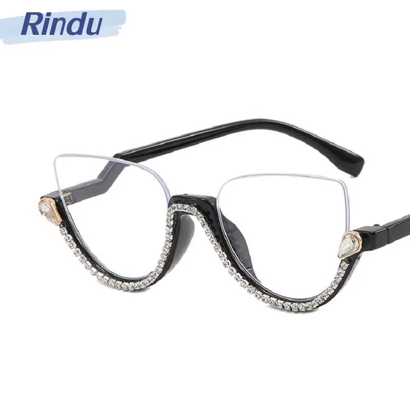 Vintage Half Frame Diamond Anti Blue Light Optical Glasses Frames Brand Designer Women Fashion Cat Eye Computer Eyeglasses