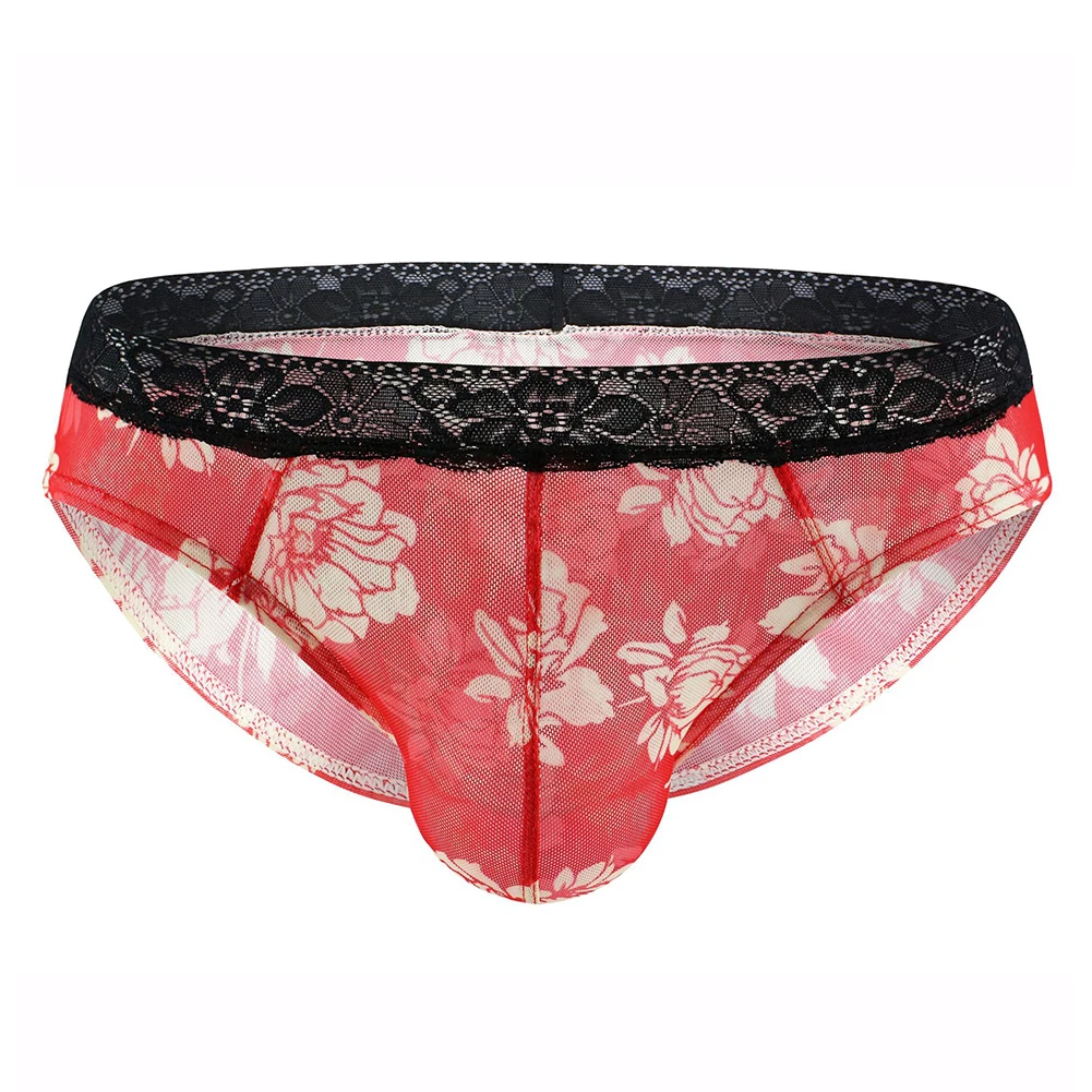 Men Lace Waist Panties Flower Printed Underwear Breathable Lingerie Comfortable Sexy Briefs U Pouch Seamless Underpant Classic