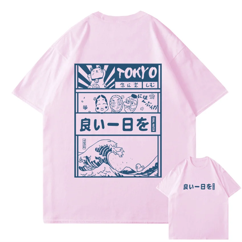 Men Hip Hop Streetwear T-Shirt Japanese Kanji Cartoon Great Wave Tokyo T Shirt Harajuku Cotton Short Sleeve Tshirt Summer