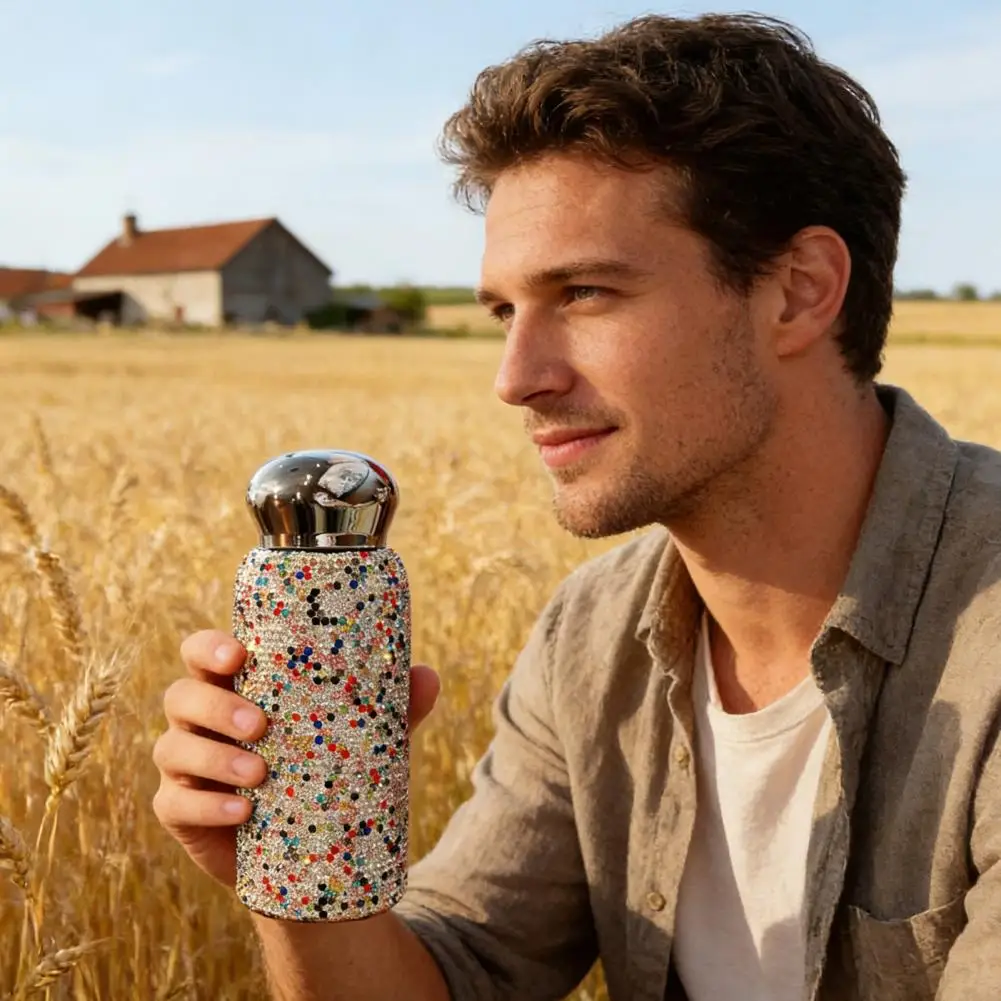 Rhinestone Water Bottle Stylish Thermal Flask Rhinestone Stainless Steel Thermal Cup Mini Insulated Travel Mug for Women