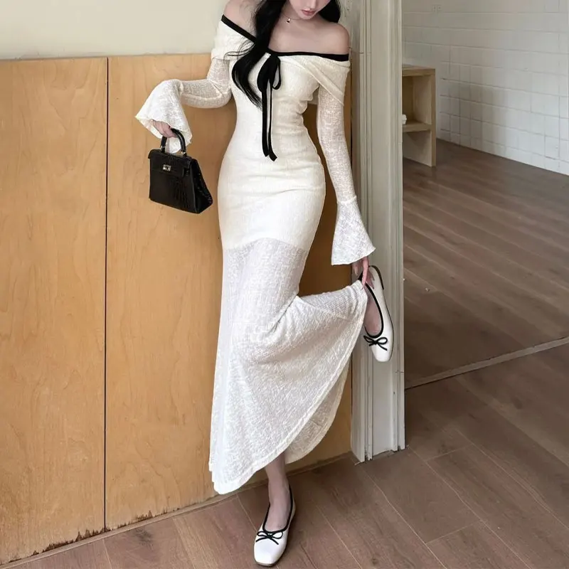 

Fashion Spliced Drawstring Bow Dresses Spring Autumn New Lace Slash Neck Women's Clothing French Style Gentle Bag Hip Long Dress