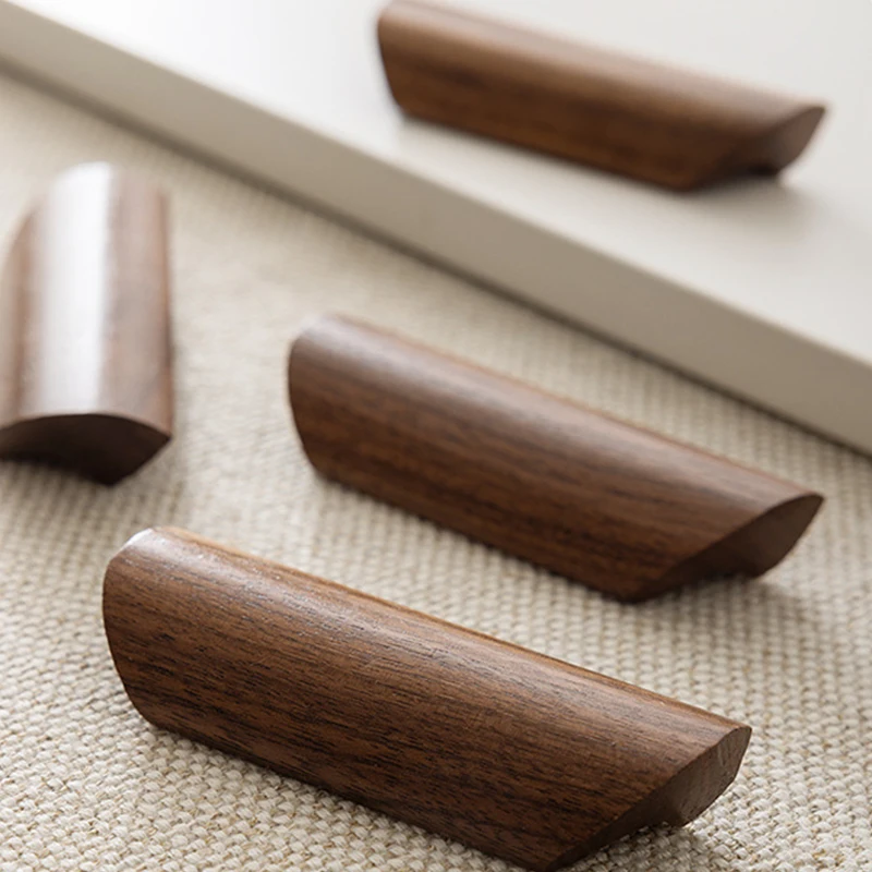 AOBT Natural Wood-Colored Solid Wood Cabinet Pulls Black Walnut Kitchen Wardrobe Drawer Handles Simple Door Knob for Home Improv