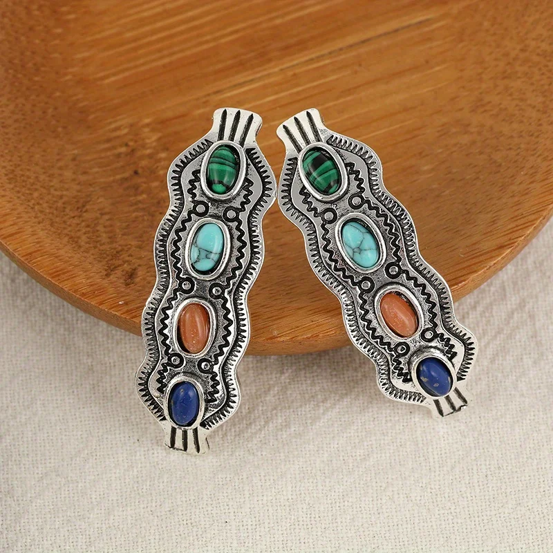 Pendientes De Piedra S Multicolor Bohemios Para Mujer, Joyería Étnica, Medio Redondo, Metal Antiguo, Azul, Naranja