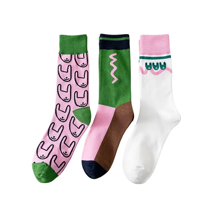 1Pair Pink Green Women Socks Cotton Rabbit Kawaii Harajuku Cute Socks Abstract Cartoon Fashionable Design Socks