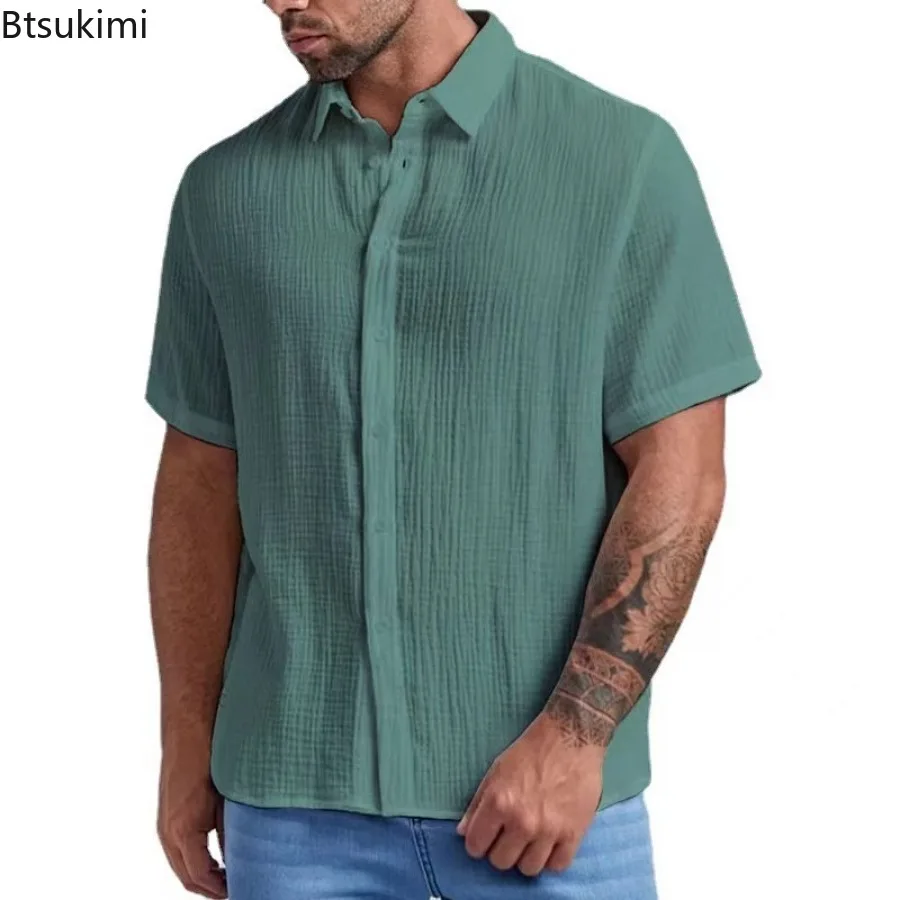 New Men's Pure Cotton Short-sleeved Shirts Summer Fashion Lapel Single-breasted Casual All-match Tops Male Holiday Beach Blouses