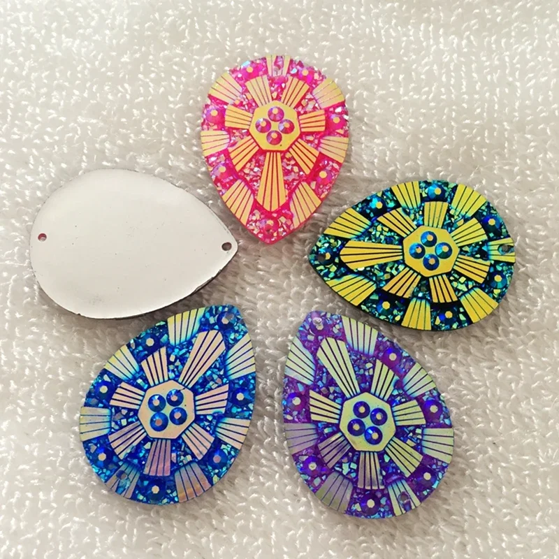 Drop Sew-on Resin Crystal AB Flat Back With Holes Resin Sew on Rhinestone Beads Stone For Dress rhinestone button  6pcs/lot