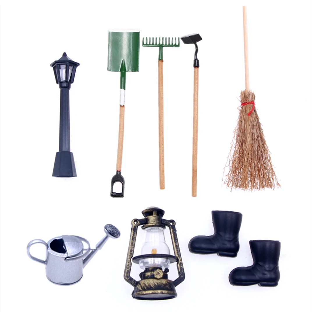 

Dollhouse Miniature Items Garden Farm Tools Hoe Shovel Iron Rake Light Boots Kettle Broom