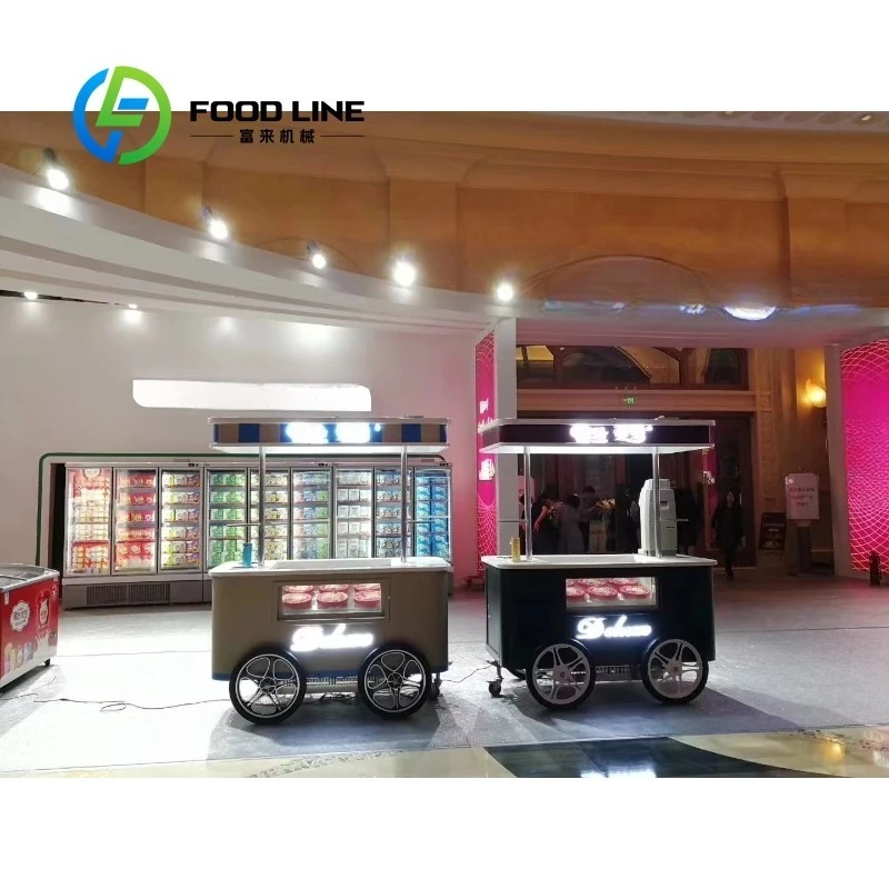 Customized Awning Mobile Gelato Ice Cream Push Cart With Wheels Commercial Street Vending Trolley For Outdoor Cold Dessert