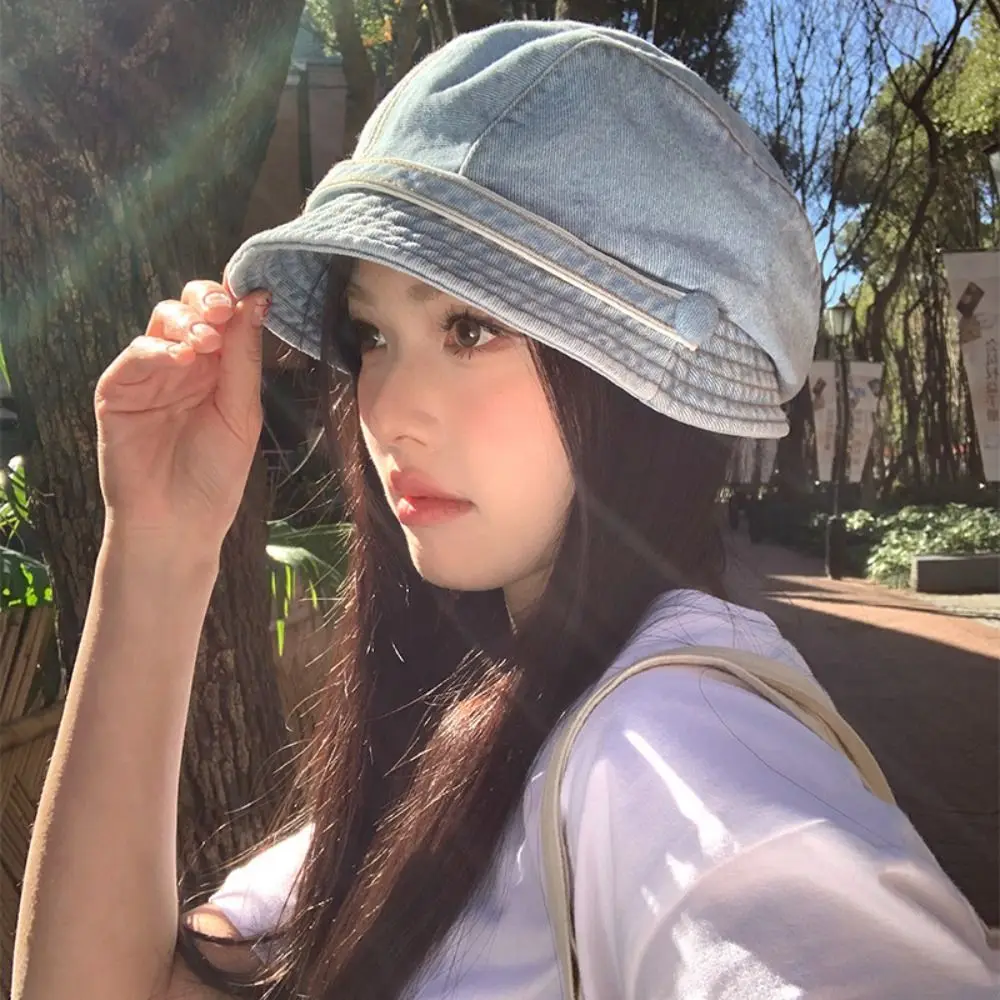 

Trendy Vintage Short Brim Denim Cap All-Match Japanese Denim Bucket Cap Artist Casual Leisure Visor Hat Outdoor