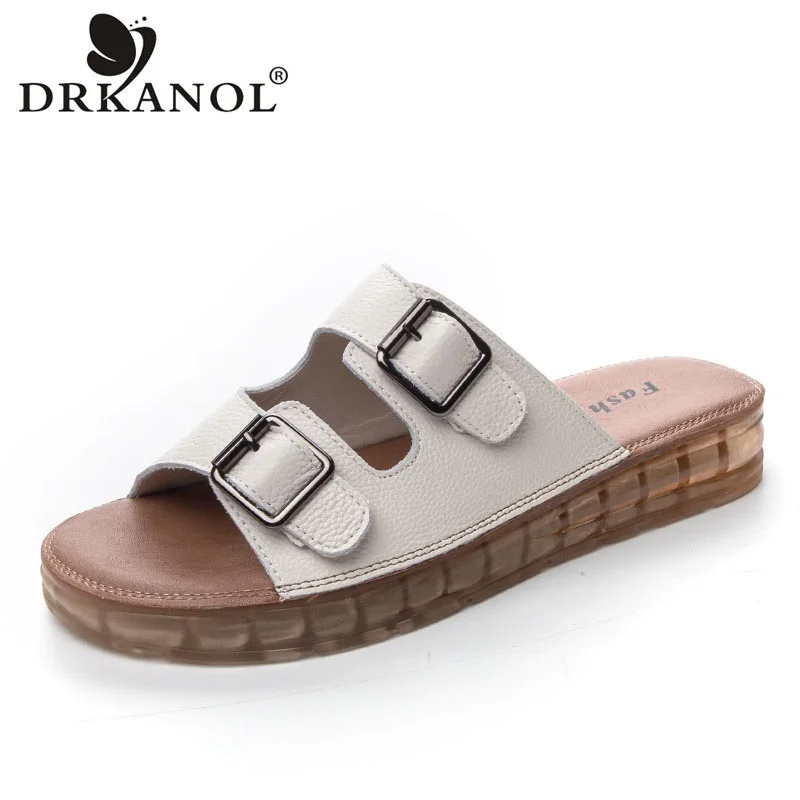 

DRKANOL Women Summer Slippers Outside Casual Sandals Open Toe Slides Quality Genuine Leather Open Toe Concise Slip On Slippers