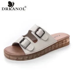 DRKANOL 여성용 야외 캐주얼 샌들, 오픈 토 슬라이드, 고급 정품 가죽, 오픈 토, 간결한 슬립 온 슬리퍼, 여름
