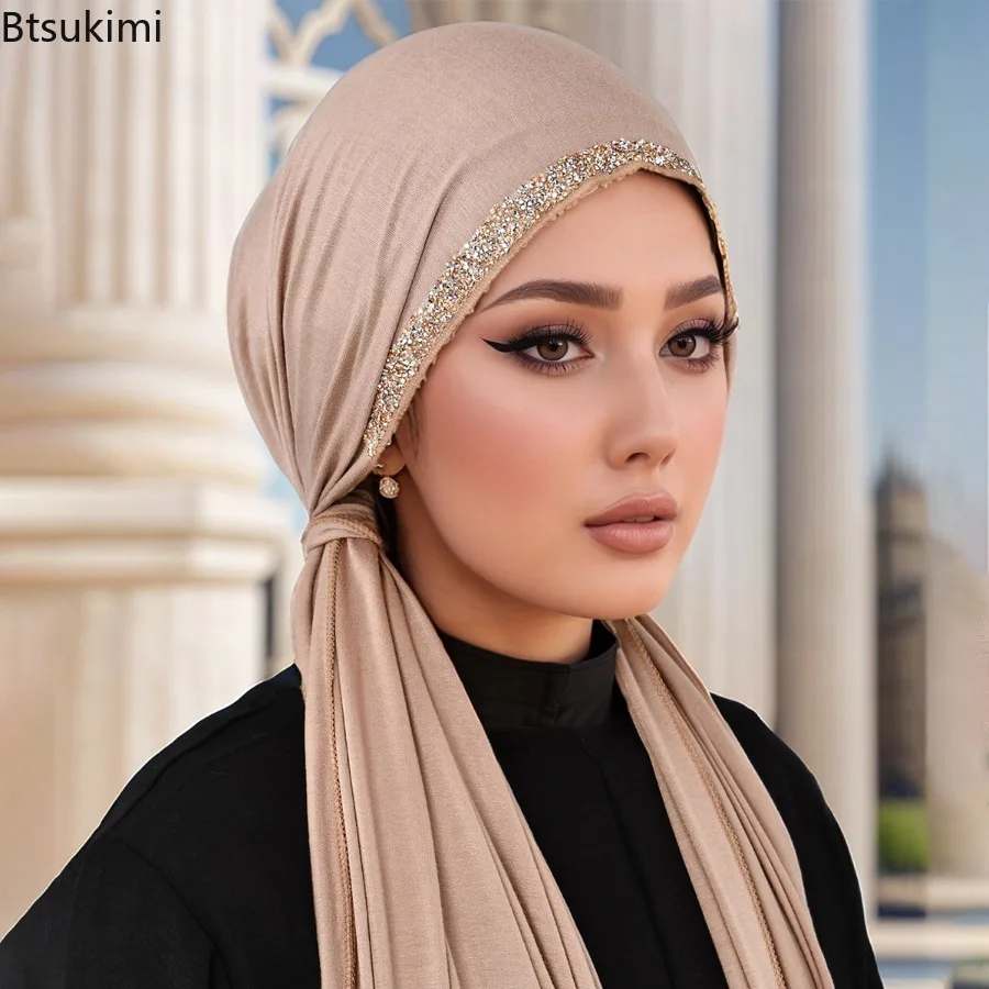 

Модальный хлопковый мягкий трикотаж, хиджаб, женский модный длинный шарф с бриллиантами, мусульманский тюрбан, шаль, женские однотонные хиджабы, исламская повязка на голову