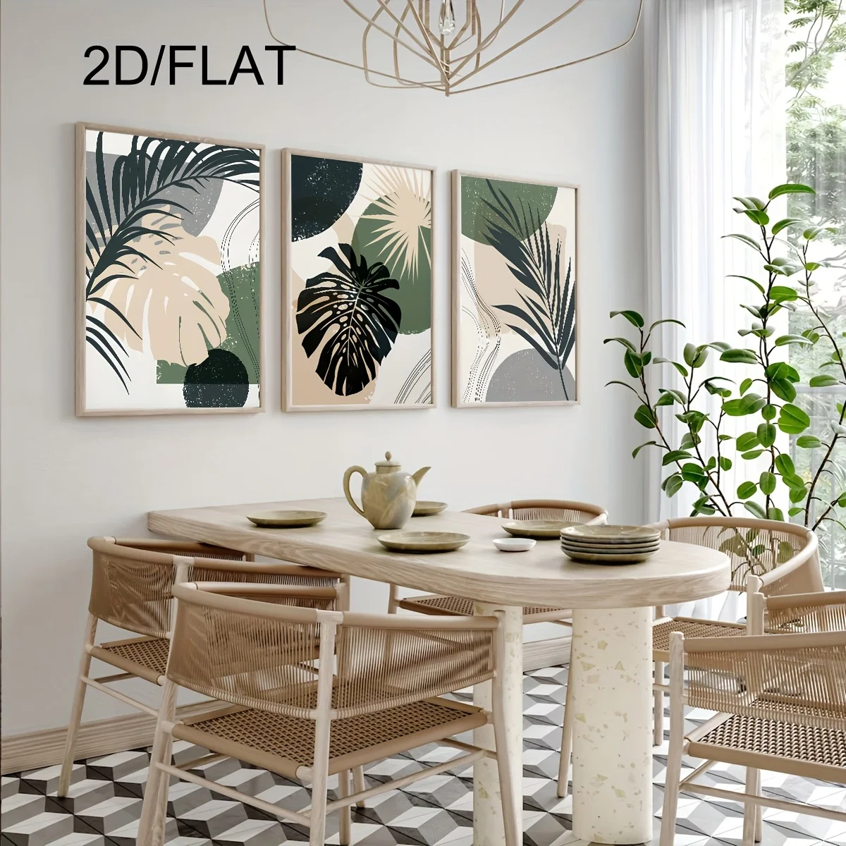 2D Flat, 2D/FLAT 3pcs Frameless Plant Wall Prints, Bohemian Dark Green, Beige, Gray, Black Wall Art, Nordic Minimalist Wall d