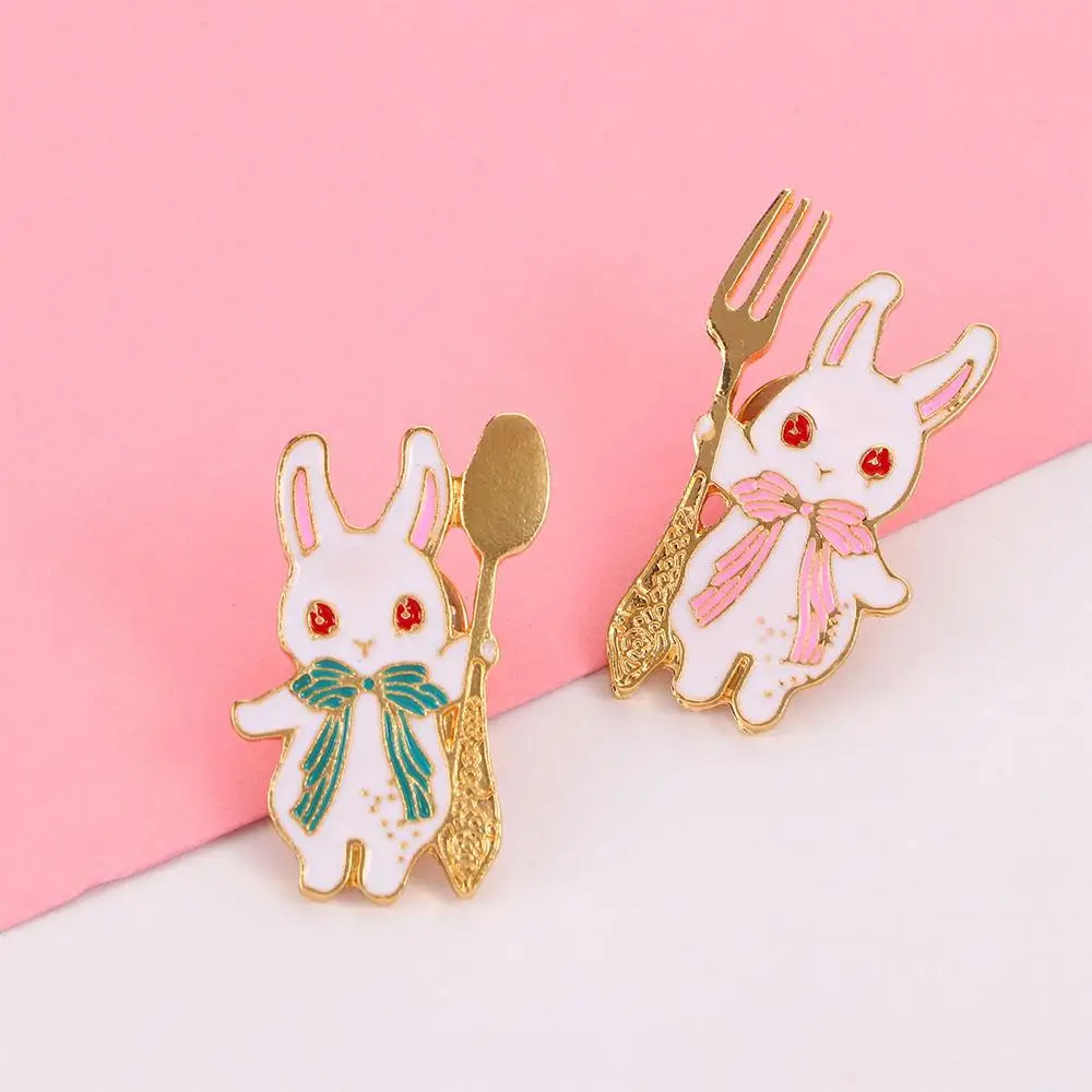 Enamel Magic Blue Pink Pastel Fork Spoon Foodie Rabbit Brooch Pin Collar Accessories Fashion Jewelry Bunny Badge image 6