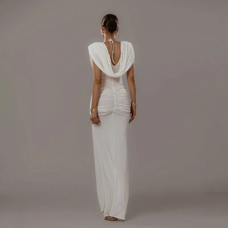Dress Women's Autumn Autumn Solid Colour Elegant Fitted Waist Pleated Swing Neckline Slim Fit Fashionable Versatile Distinctive