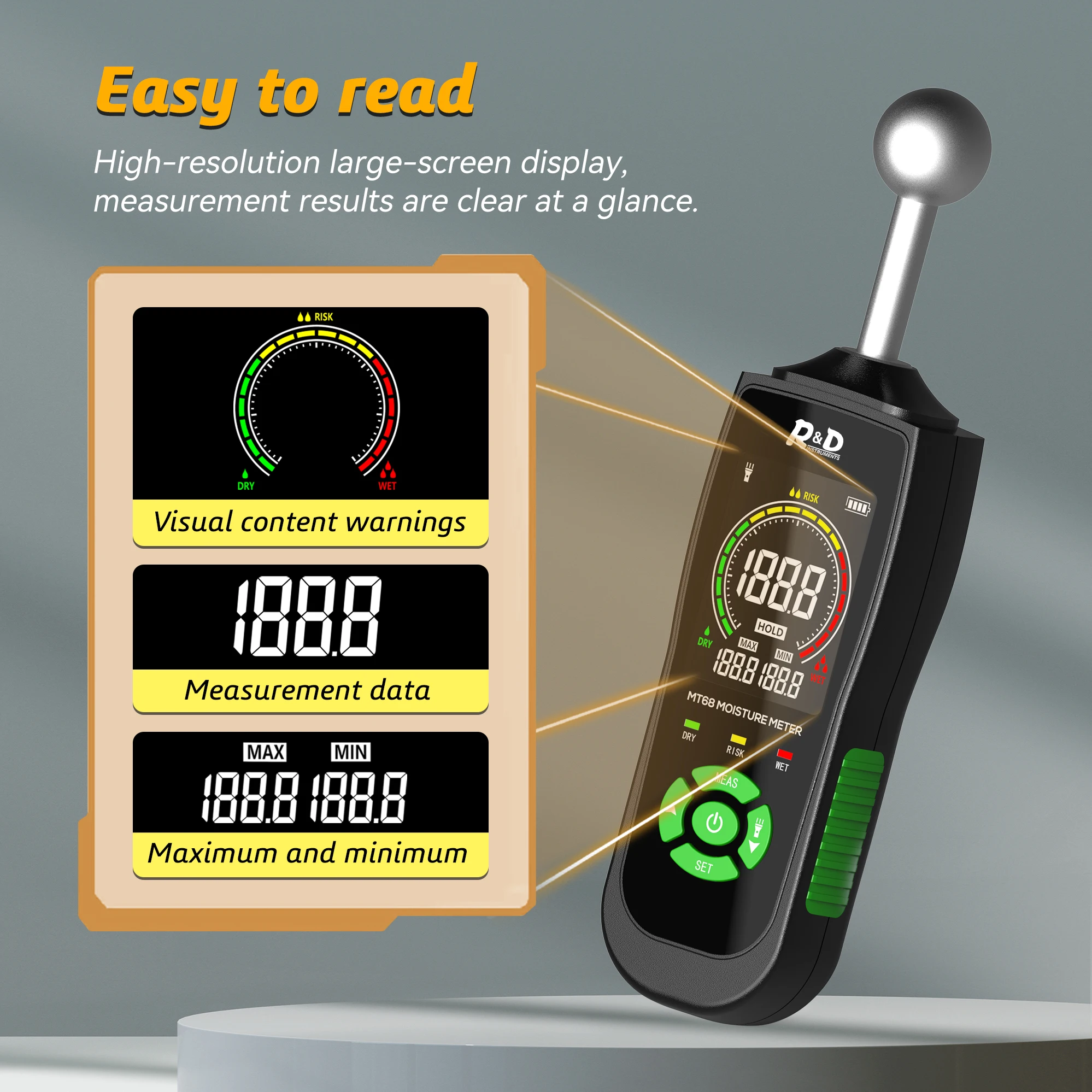 R&D MT68 Digital Wood Moisture Meter Non-contact Timber Damp Detector LCD Screen Hygrometer Alarm Humidity Tester Pinless Detect