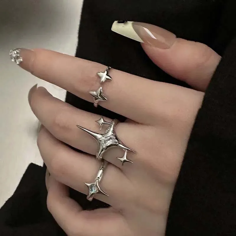 Vintage Irregular Cross Star Open Ring for Women Men Punk Gothic Sliver Color Adjustable Couple Rings Y2K Egirl Jewelry Gift