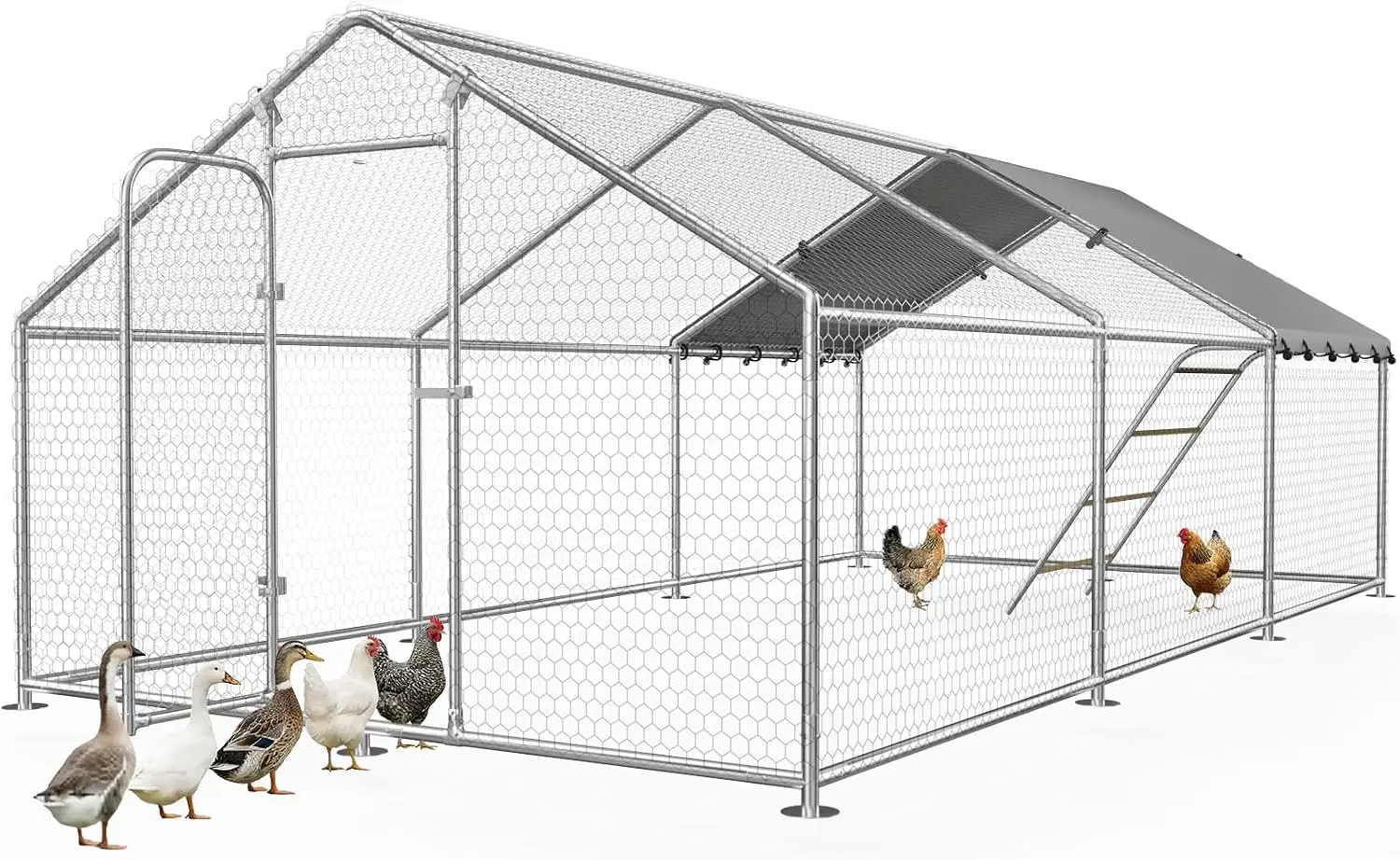 Large Walk In Metal Chicken Coop Poultry Cage, Outdoor Animal Run Pen Enclosure With Waterproof UV Resistant Cover And Lockable Door For Hens Ducks And Small Pets, Silver Gray