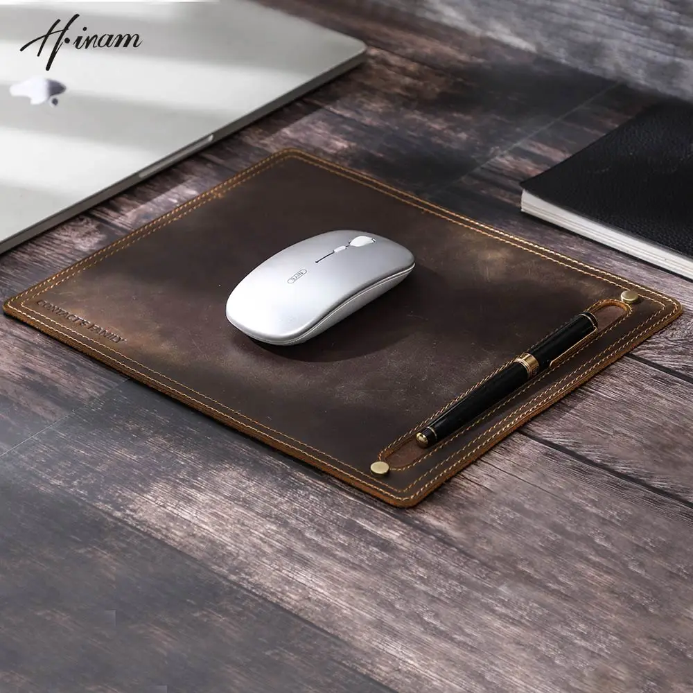 Genuine Leather Mouse Pad With Pen Holder Retro Deak Mat Anit-slip Suitable for Business Office Desktop Macbook Laptop Gaming